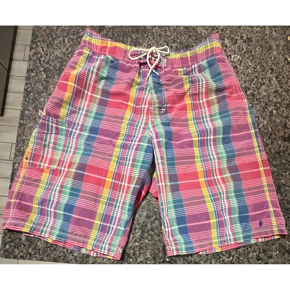 Polo Ralph Lauren Mens XL Plaid Swim Trunks Multi Color Cargo Pocket Mesh Lined